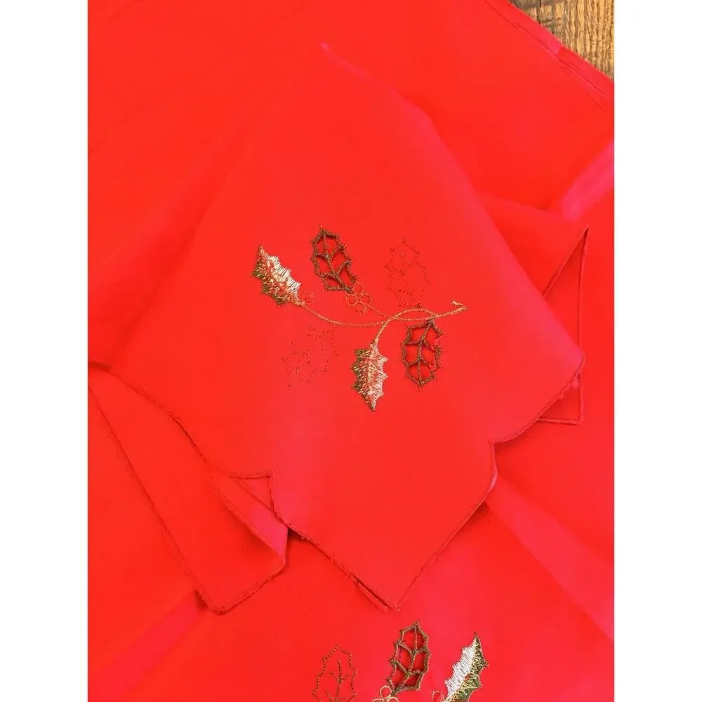 12 Christmas Holiday Dinner Napkins Red Satin Embroidered Holly Berries 17x17
